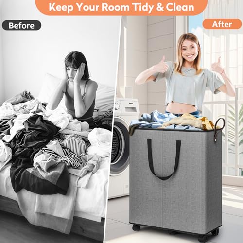 SpaceTrove Rolling Laundry Basket with Wheels, Laundry Hamper, 155L, Grey - color: Grey, size: 155L