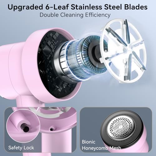 Rechargeable Fabric Shaver, 6-Leaf Blades, LED Display, 3 Speeds - color: Pink