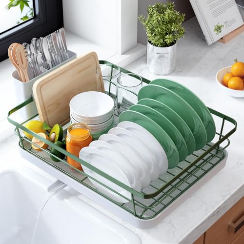 Kitsure Dish Drying Rack for Kitchen Counter, 12''W x 15.5''L, Green - color: Green, size: 12''W x 15.5''L - 1 Tier