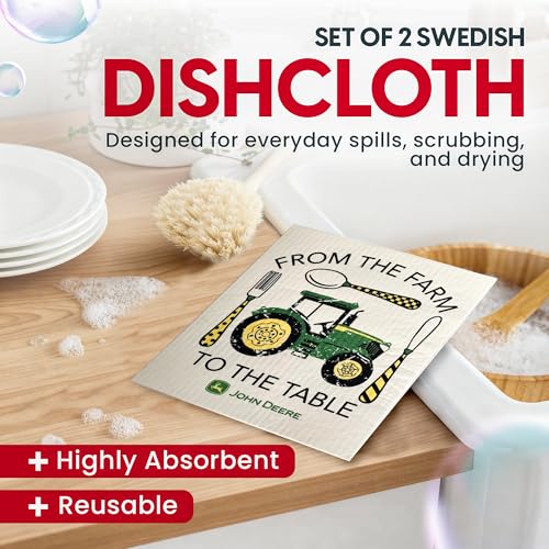 Wet-It! John Deere Farm to Table - Swedish Dishcloth Reusable Towel Set for Kitchen | Biodegradable Absorbent Cleaning Washcloths for Dishes, Household Surfaces | Washable, & Quick Drying | 2-Pack - color: Farm to Table
