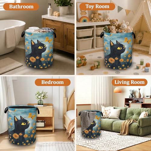 Black Cat Laundry Hamper with Sturdy Handles, Collapsible Laundry Basket, Waterproof Clothes Storage Organizer, Large Capacity for Bathroom Bedroom - color: Black Cat in Flower