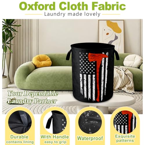 American Flag Red Line Ax Laundry Basket Foldable Waterproof 18.9x16.5 Inch - color: American Flag Red Line Ax
