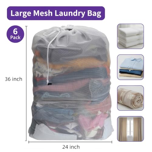 Nicunom 6 Pack Mesh Laundry Bag with Drawstring Closure, 24" x 36" Heavy Duty Extra Large Laundry Bags for Travel, Storage, College, Dorm and Apartment Dwellers, Machine Washable