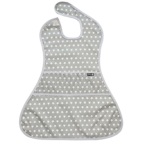 Plie Full Coverage Waterproof Feeding Bib for Toddlers – Extra Long Apron Bib for Mealtime, Self-Feeding, High Chairn - color: Gray/Star