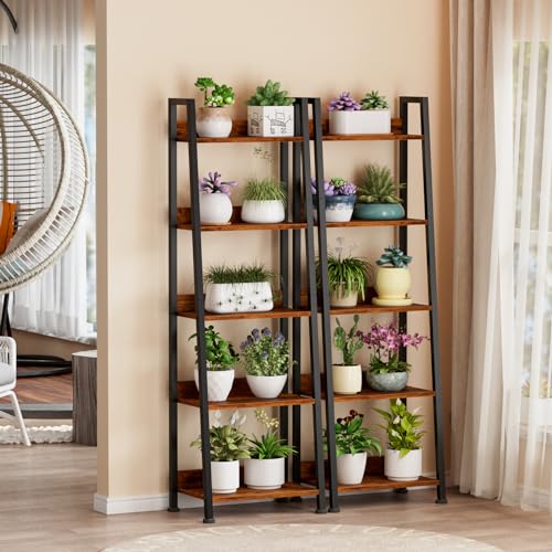Furologee Ladder Shelf, 5 Tier Bookshelf with Fabric Drawer, Rustic Brown - color: Rustic Brown, size: 5-Tier, 15" W