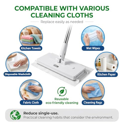 Snap Grip Mini Mop, Hands Free Flat Mop with 1-Click Automatic Cloth Replacement, 10 Reusable Microfiber Cloths, 360° Swivel Head for Floor, Wall, Window, Tile & Corner Dust Cleaning