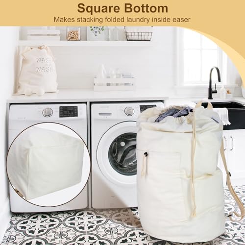 Laundry Backpack Canvas Laundry Bag with Straps Drawstring, Beige, XX-Large - color: Beige, size: XX-Large