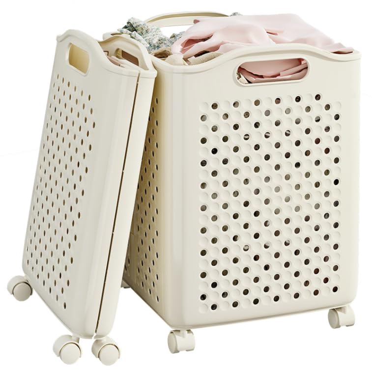 57L Foldable Collapsible Laundry Basket, with Wheels+Handles(Cream White) - color: Cream White