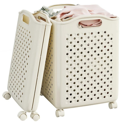 57L Foldable Collapsible Laundry Basket, with Wheels+Handles(Cream White) - color: Cream White