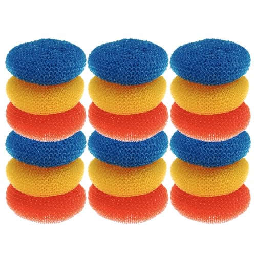 LOLA Plastic Mesh Scouring Pads - 18 Pack, 3.375" x 1.25", Non-Scratch Scrubbers to Clean Dishes, Assorted Colors - 1 Red, 1 Blue & 1 Yellow