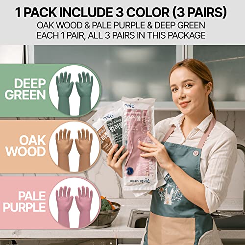 MAMISON 3 Pairs Colorful Reusable Waterproof Household Dishwashing Cleaning Rubber Gloves, Non-Slip Kitchen Glove - size: Large