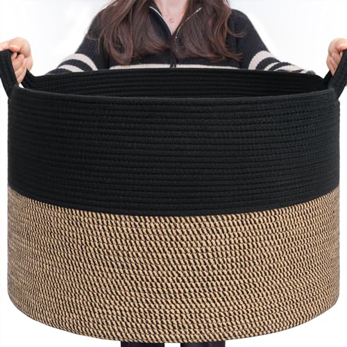 INDRESSME XXXLarge Woven Rope Blanket Basket Living Room Mix Black, 90L - color: Black & Mix Camel, size: 21.7"D x 13.8"H