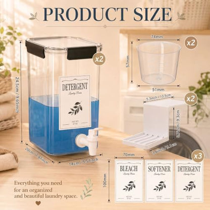 Soaoo 2 Pcs Laundry Detergent Dispenser 87 oz Liquid Soap Dispenser with Faucet for Laundry Room 2 Liquid Detergent Holder with Labels and 2 Measuring Cup Fabric Softener Container - size: 87 oz