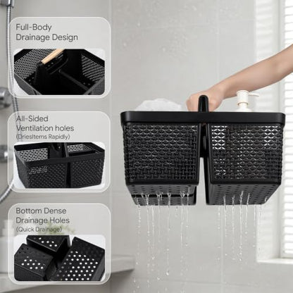UUJOLY Portable Plastic Shower Caddy Basket with Wooden Handle, Black - color: Black
