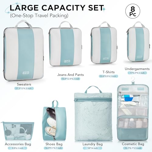 OlarHike 8 Set Compression Packing Cubes for Travel Essentials,Compressible Expandable Space Saver Bags for Organizing Clothes,Luggage Suitcase Garment Bags with Over 1000 pcs Mesh Holes(Blue Gray) - color: Blue Gray