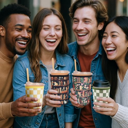Reusable Insulated Neoprene Iced Coffee Cup Sleeve, Durable Drink Sleeve for Cold Beverages, Beverage Holder for Iced Coffee (Cat Library) - color: Cat Library