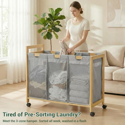Homykic 250L Laundry Sorter with Wheels, 3-Section Laundry Hamper, Grey - color: Grey