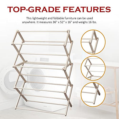 Peaceful Classics Wooden Folding Laundry Rack, 52" x 36" x 16" - size: Medium