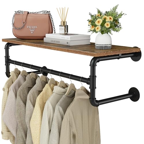 Clothes Rack Wall Mounted, 29.1in Shelf with Hanging Rod, Industrial Pipe Clothing Rack for Hanging Clothes, Space-Saving Garment Rack Wall Mount, Multi-Purpose Hanging Rod for Bedroom, Closet - size: 29.1in/74cm