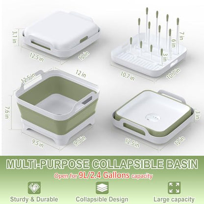 Yecuip Collapsible Baby Bottle Wash Basin w/Drying Rack & Drain Plug, Green - color: Green