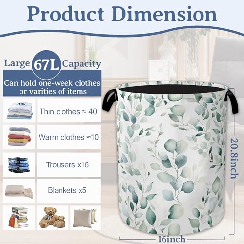 Eucalyptus Spring Botanical Laundry Basket,Foldable Oxford Cloth Laundry Hamper with Handles, 20.8"x16" Tote Bag Clothes Storage Bucket for Laundry Room/Bathroom/Bedroom/Dormitories - color: Eucalyptus Spring Botanical
