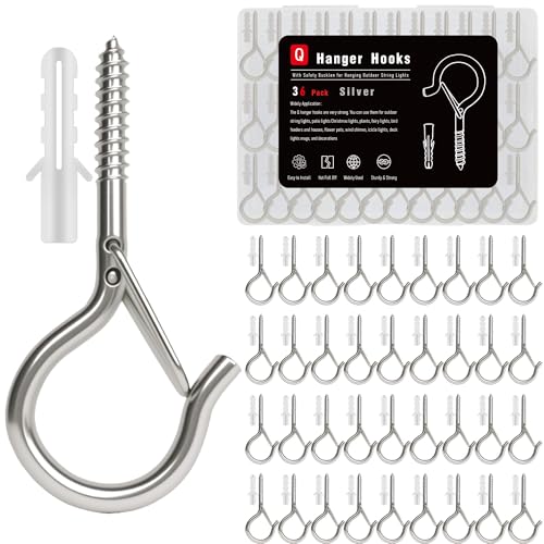 36 Pack Silver Screw Hooks with Safety Buckle - 2.3 Inch Rustproof Eye Ceiling Hooks for Hanging Plants,Outdoor String Lights,Baskets,Christmas Lights & Decor,40lb Capacity (36, Silver) - color: Silver