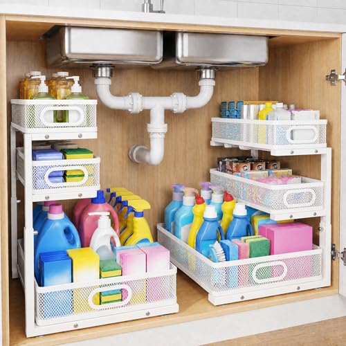 3-Tier Under Sink Organizer 2-Pack Organization for Bathroom Kitchen,White - color: White