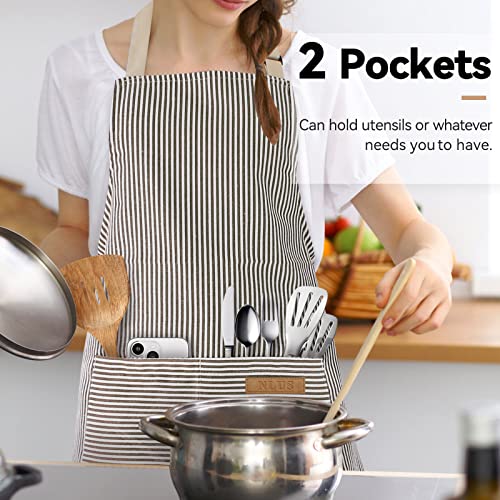 NLUS 2 Pack Cooking Aprons for Women with Pockets, Adjustable Kitchen Bib Aprons Chef Aprons for Women Men(Brown Pinstripes) - color: Taupe