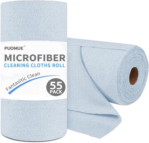 Puomue 55 Pack Microfiber Cleaning Cloth Roll, Tear Away Reusable Paper Towels, 11" x 9", Ultra Absorbent & Lint Free Microfiber Cloth for Cleaning Cars, Kitchen, Window, Home and Shop, Light Blue - color: Light Blue, size: 9”x11”-55PK