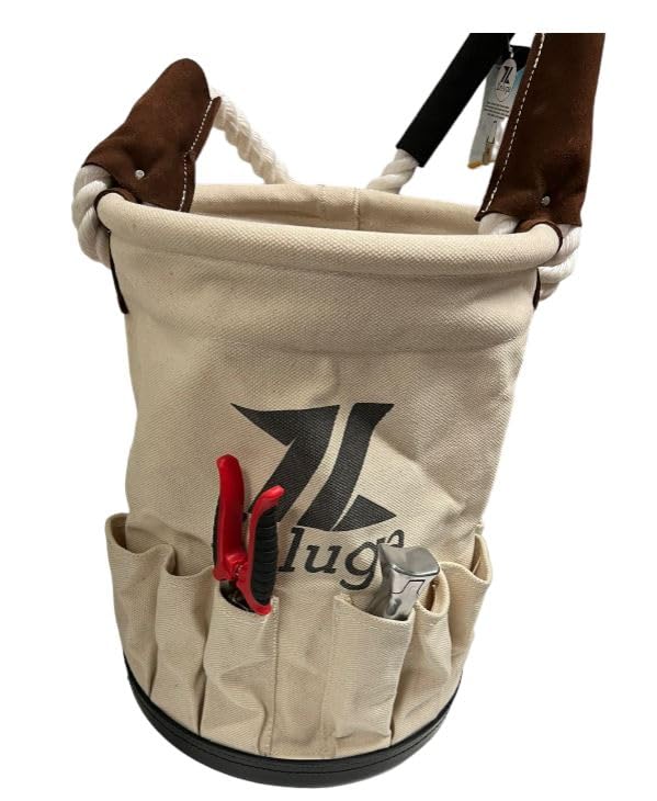 Zeluga 20-385 28 oz. Utility Canvas Bucket with Heavy Duty Plastic Bottom, Collapsible Canvas Bucket, 12 Outside Pockets Organizers Bolt Bucket, White