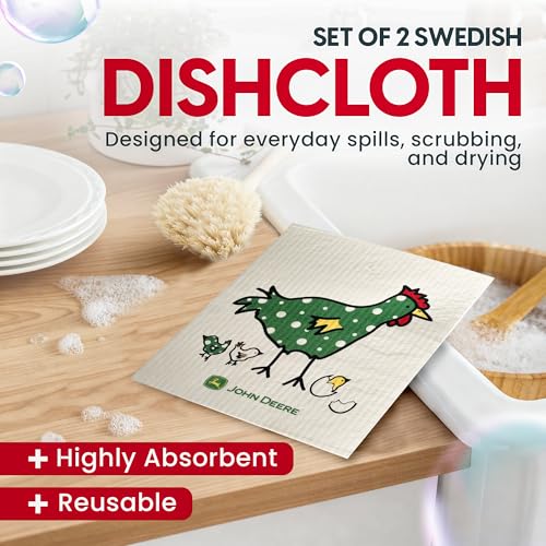 Wet-It! John Deere Chix Chickens - Swedish Dishcloth Reusable Towel Set for Kitchen | Biodegradable Absorbent Cleaning Washcloths for Dishes, Household Surfaces | Washable, & Quick Drying | 2-Pack - color: Chix Towle