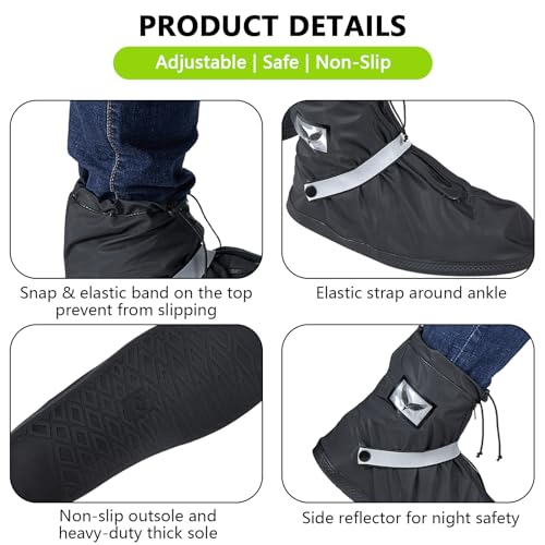 Dream Apparel Waterproof Rain Shoe Covers with Reflector Overboots Boot Covers Galoshes Men Women, Side Zipper, Non-Slip Reusable Foldable Motorcycle Rain Overshoes Over Shoe Boots Black - size: XX-Large