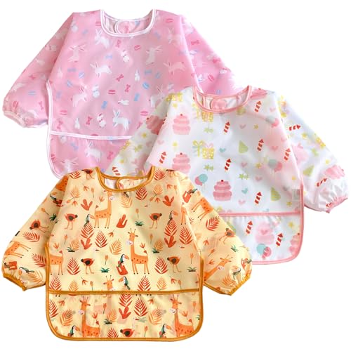 PandaEar (3 Pack Long Sleeve Bibs| Waterproof Full Sleeve Bib for Baby Infant Toddler 6-36 Months - style: Cake Bunny Giraffe Girl