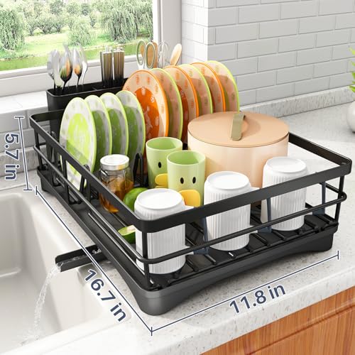 SAYZH Dish Drying Rack for Kitchen Counter with Utensil Holder, Black - color: Black