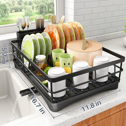 SAYZH Dish Drying Rack for Kitchen Counter with Utensil Holder, Black - color: Black