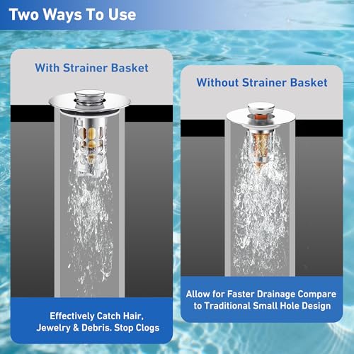 [2 Pack] Universal 3 in 1 Bathroom Sink Stopper, All Metal Pop-Up Bathroom Sink Drain Strainer with Removable Brass Basket Hair Catcher, Sink Plug for 1.1 to 1.6in Drain Holes