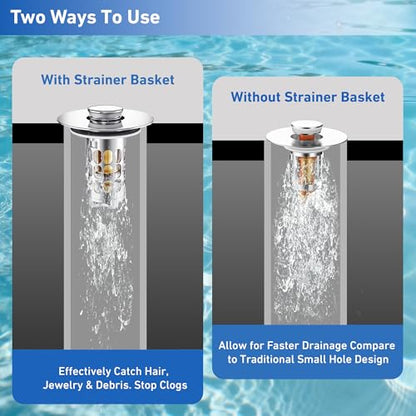 [2 Pack] Universal 3 in 1 Bathroom Sink Stopper, All Metal Pop-Up Bathroom Sink Drain Strainer with Removable Brass Basket Hair Catcher, Sink Plug for 1.1 to 1.6in Drain Holes