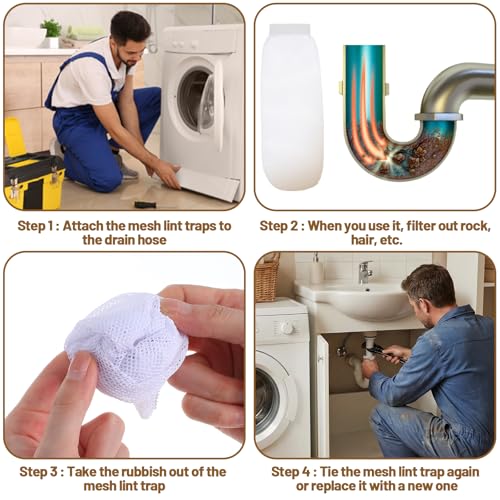 32Pcs Sturdy Lint Traps for Washing Machine Hose, Includes 8 Nylon Washer Hose Lint Trap Mesh and 24 Cable Ties, White Washer Lints Catcher for Home Sink Drain System Hoses Screen Filter (White)