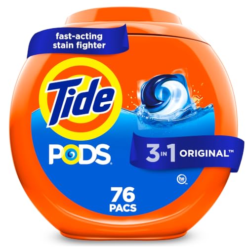 Tide PODS laundry detergent pacs, 3-in-1 Stain Remover, Odor Fighter, Color Protector, 76 Count, HE compatible, Original Scent - size: 76 Count (Pack of 1)