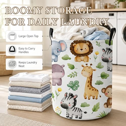 Cute Animals Laundry Basket, Jungle Leaves Collapsible Laundry Hamper Waterproof Oxford Cloth With Handles, Clothes Storage Bucket For Bathroom/Bedroom 16" x 20.8" - color: Cute Animals