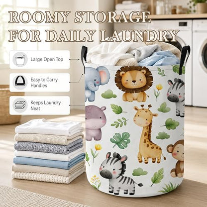 Cute Animals Laundry Basket, Jungle Leaves Collapsible Laundry Hamper Waterproof Oxford Cloth With Handles, Clothes Storage Bucket For Bathroom/Bedroom 16" x 20.8" - color: Cute Animals