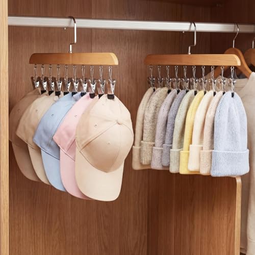 Novabright 2 Pcs Closet Organizers with 10 Clips Hat Pants Scarf Socks Hangers Wood Space Saving Rotating Hanging Hangers Clothespins with Padded Clips for Leggings Bra Tie Belt Jeans Skirt (Wood) - color: Wood