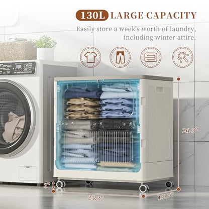 130L Rolling Laundry Hamper with Lid Laundry Basket - color: Milky, size: 130L