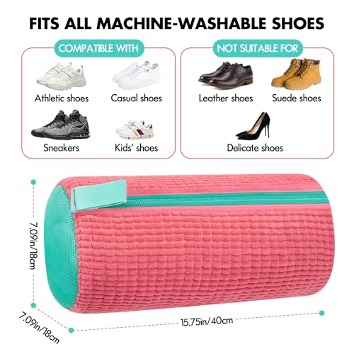 Shoe Washing Machine Bag, Laundry Shoe Bag for Washer and Dryer, Reusable Microfiber Shoe Cleaning Bag with Durable Zipper for Tennis Shoes, Sneakers, Running Shoes, Pink and Green, 1 Piece