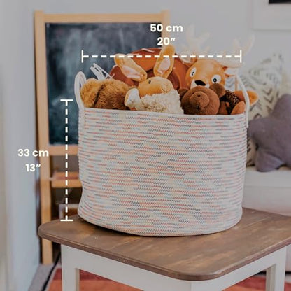 OrganiHaus Round Toy Basket & Blanket Basket, Cotton Rope 20x13" - color: Stitches Rainbow, size: Wide