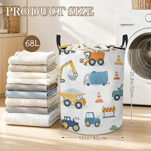 Cartoon Trucks Laundry Basket, Traffic Cones Collapsible Laundry Hamper Waterproof Oxford Cloth With Handles, Clothes Storage Bucket For Bathroom/Bedroom 16" x 20.8" - color: Cartoon Trucks