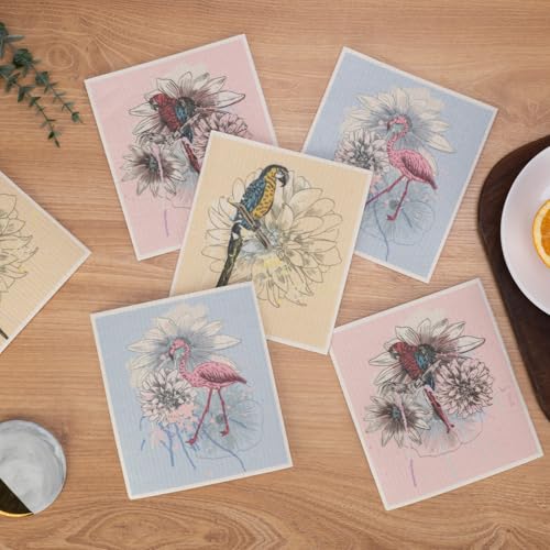 Swedish Dishcloths for Kitchen, 6 Pack Birds Flower Swedish Dish Towels with Clips, Reusable Paper Towels Washable Non-Scratch Super Absorbent Cellulose Sponge Cloths, Biodegradable No Odor - color: Birds Flower