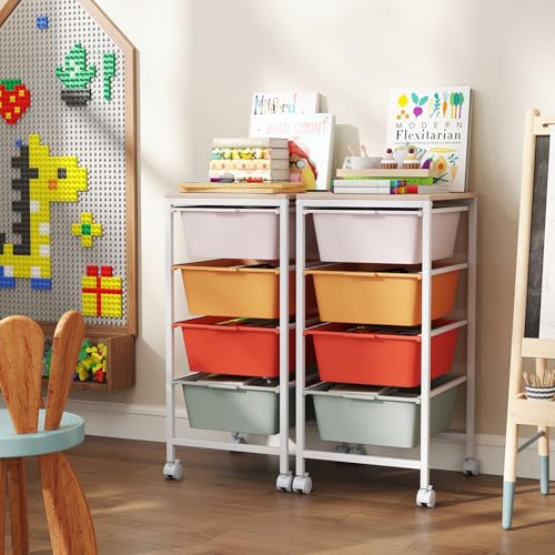 Giantex Rolling Storage Cart with 4 Drawers, Utility Cart w/Wooden Tabletop, Lockable Wheels, Multipurpose Organizer for Art Craft Scrapbook Paper, Drawer Carts for Dorm Classroom Office, Macaron - color: Macaron, size: 4 Drawer-13"x14.5"x28"