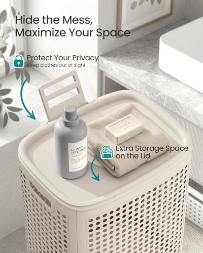 SONGMICS Laundry Hamper with Lid, 75 L Ventilated Basket, Cutout Handles - color: Cappuccino Beige, size: Lid