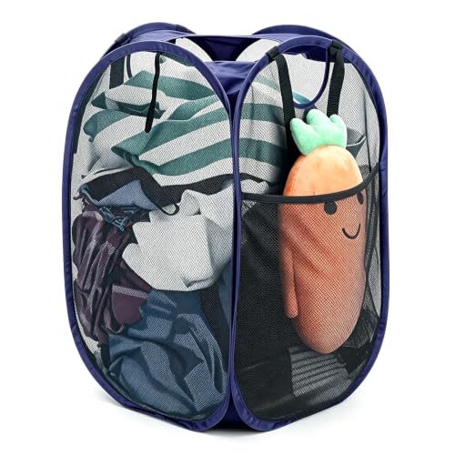 HOUSE AGAIN Strong Mesh Pop Up Laundry Hamper, 70L Collapsible Laundry Basket with Steel Frame, Double‑Stitched Handles & Side Pocket, Foldable Dirty Clothes Hamper for Dorm, Bedroom, Blue - color: Blue, size: 1-Pack